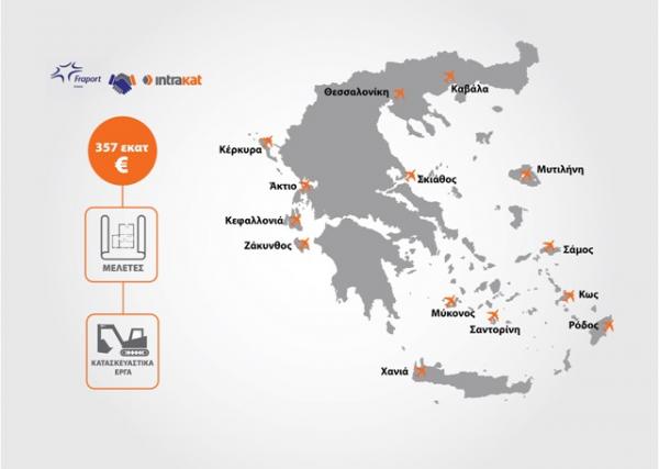 Oι συμβάσεις μεταξύ Fraport Greece - Intrakat περιλαμβάνουν την ανακαίνιση και αναβάθμιση των υφιστάμενων υποδομών των αεροδρομίων, καθώς και τη μελέτη και κατασκευή επεκτάσεων