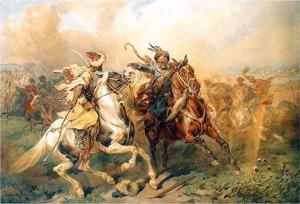 [Τάταροι συγκρούονται με δυνάμεις της πολωνολιθουανικής κοινοπολιτείας - πίνακας του Πολωνού Γιούλιους Κόσσακ, 19ος αι.]